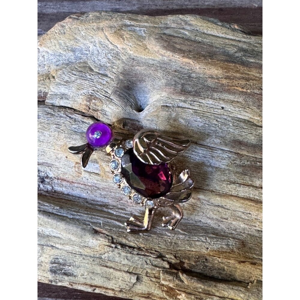Vintage Gold-Tone Bird Brooch With Purple Rhinestones & Clear Accents